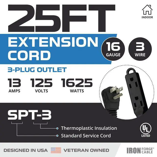 Alt view image 2 of 6 - 2 Pack 25 ft Flat Plug Black Extension Cord with 3 Outlets - 16/3 SJTW 3 Prong Indoor Extension Cord with Multiple Outlets