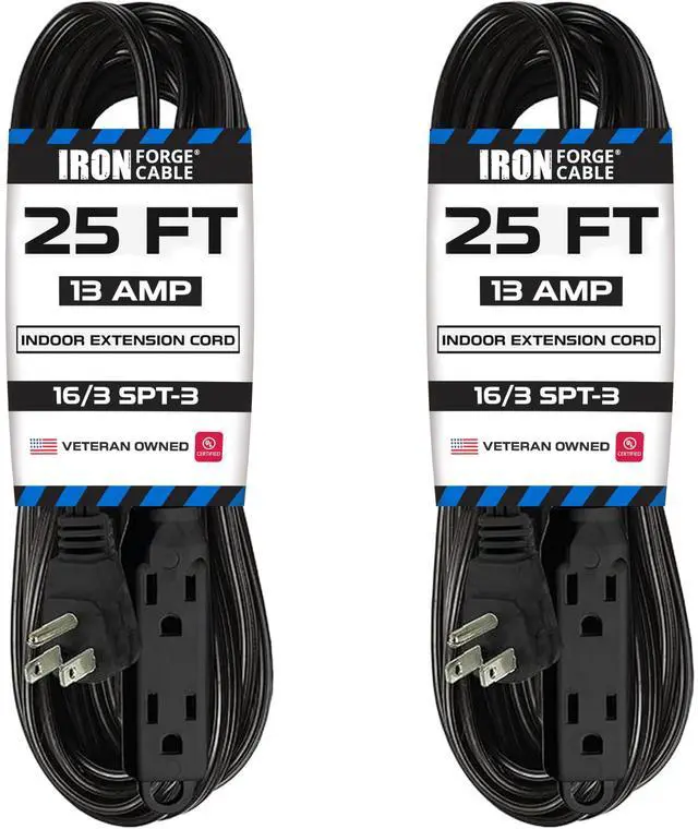 Main image of 2 Pack 25 ft Flat Plug Black Extension Cord with 3 Outlets - 16/3 SJTW 3 Prong Indoor Extension Cord with Multiple Outlets