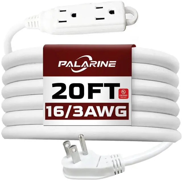 Main image of Indoor Extension Cord Power Strip 3 Outlets Flat Plug, UL Listed, 16 Gauge 20 ft White 3 Prong Heavy Duty, 16/3 SJTW 13A Outlet Extender