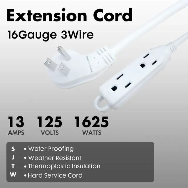 Alt view image 2 of 6 - Indoor Extension Cord Power Strip 3 Outlets Flat Plug, UL Listed, 16 Gauge 20 ft White 3 Prong Heavy Duty, 16/3 SJTW 13A Outlet Extender