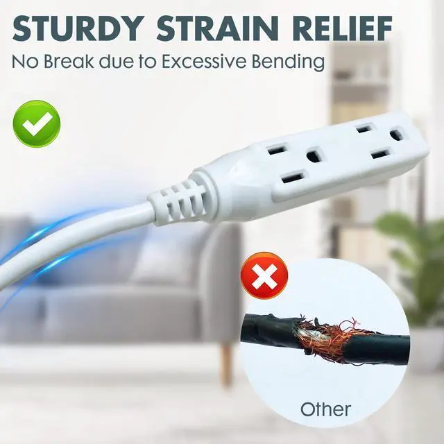 Alt view image 5 of 6 - Indoor Extension Cord Power Strip 3 Outlets Flat Plug, UL Listed, 16 Gauge 20 ft White 3 Prong Heavy Duty, 16/3 SJTW 13A Outlet Extender