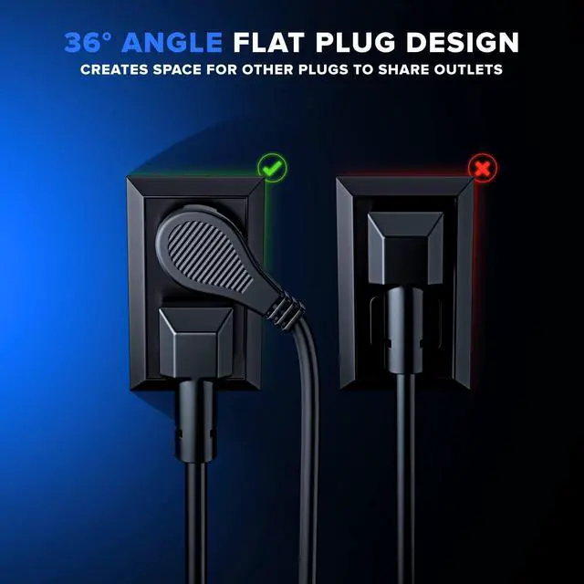 Alt view image 4 of 7 - Flat Plug Extension Cord 25 ft with Slim Space-Saving Plug Design, Low Profile Extension Cord 16AWG (Black)