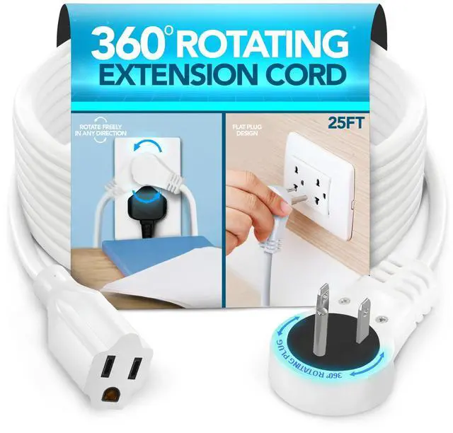 Main image of 25 Ft Extension Cord 360° Rotating Flat Plug, 16 AWG, Slim White Power Cable for Tight Spaces, ETL Certified for Indoor & Office Use