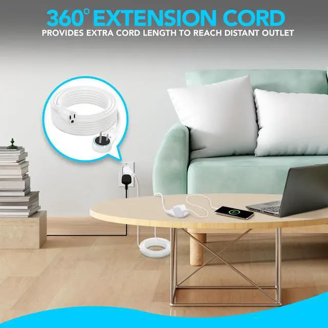 Alt view image 7 of 7 - 25 Ft Extension Cord 360° Rotating Flat Plug, 16 AWG, Slim White Power Cable for Tight Spaces, ETL Certified for Indoor & Office Use
