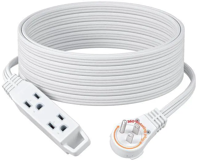 Main image of 25FT Flat Plug Extension Cord, 3 Prong Ultra Thin Power Strip, 360° Rotating Plug, 13A/125V/1625W, 16 Awg Grounded Flat Power Cable for Indoor Narrow Space, SPT-3, ETL Listed, White