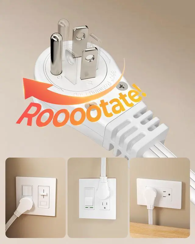 Alt view image 2 of 7 - 25FT Flat Plug Extension Cord, 3 Prong Ultra Thin Power Strip, 360° Rotating Plug, 13A/125V/1625W, 16 Awg Grounded Flat Power Cable for Indoor Narrow Space, SPT-3, ETL Listed, White