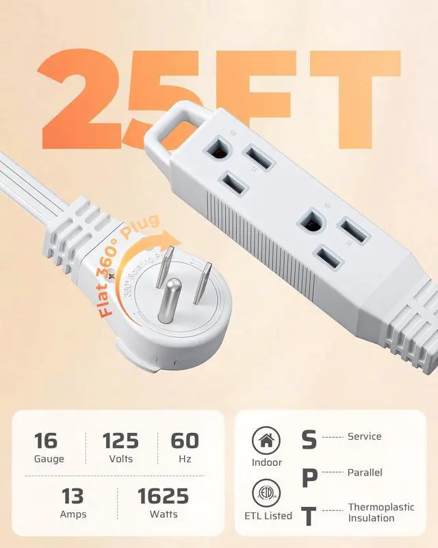 Alt view image 3 of 7 - 25FT Flat Plug Extension Cord, 3 Prong Ultra Thin Power Strip, 360° Rotating Plug, 13A/125V/1625W, 16 Awg Grounded Flat Power Cable for Indoor Narrow Space, SPT-3, ETL Listed, White