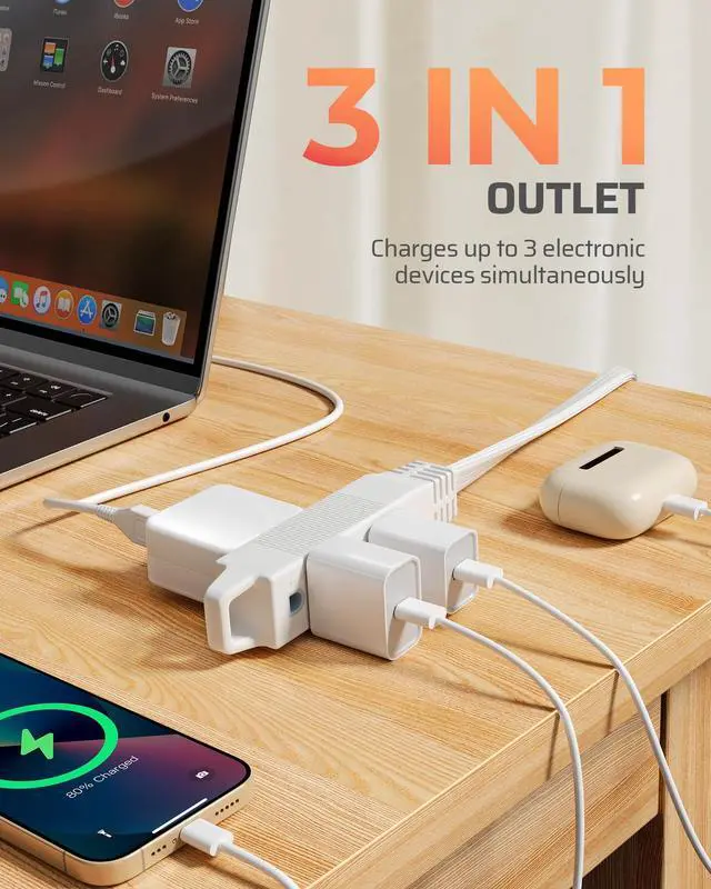 Alt view image 5 of 7 - 25FT Flat Plug Extension Cord, 3 Prong Ultra Thin Power Strip, 360° Rotating Plug, 13A/125V/1625W, 16 Awg Grounded Flat Power Cable for Indoor Narrow Space, SPT-3, ETL Listed, White