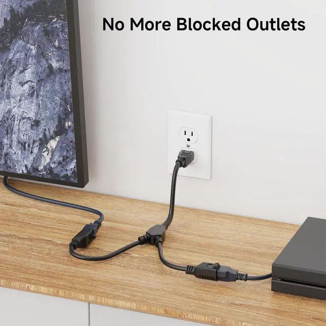 Alt view image 3 of 7 - 2-Pack 2 Outlet Power Splitter Cord - 1.2ft, NEMA 5-15P to NEMA 5-15R Y Power Cord Splitter, 16 AWG Outlet Saver, 1.2 Feet