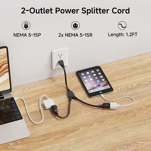 Alt view image 2 of 7 - 2-Pack 2 Outlet Power Splitter Cord - 1.2ft, NEMA 5-15P to NEMA 5-15R Y Power Cord Splitter, 16 AWG Outlet Saver, 1.2 Feet
