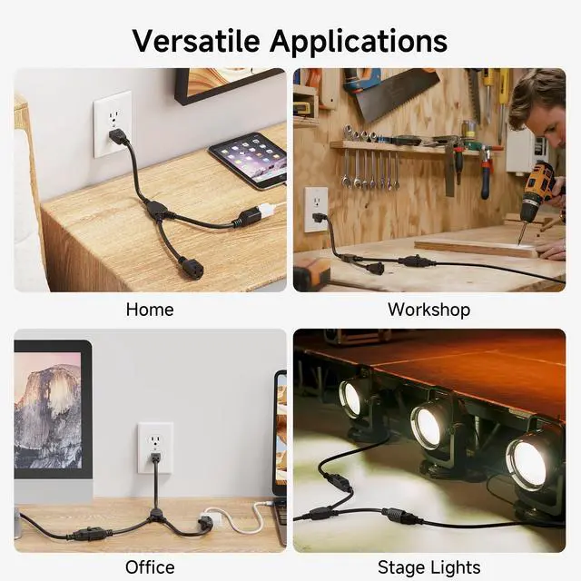 Alt view image 7 of 7 - 2-Pack 2 Outlet Power Splitter Cord - 1.2ft, NEMA 5-15P to NEMA 5-15R Y Power Cord Splitter, 16 AWG Outlet Saver, 1.2 Feet