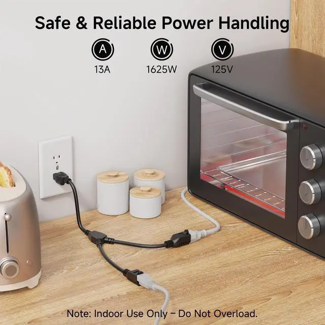 Alt view image 4 of 7 - 2-Pack 2 Outlet Power Splitter Cord - 1.2ft, NEMA 5-15P to NEMA 5-15R Y Power Cord Splitter, 16 AWG Outlet Saver, 1.2 Feet