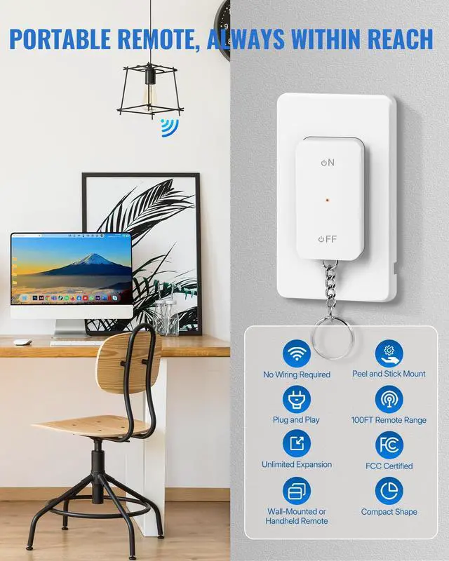 Alt view image 4 of 7 - Remote Control Outlet, Wireless Light Switch with Magnetic Base, On Off Remote Outlet Switch for Light, Lamp, Home Appliance, 100ft RF Range, 15A/1875W, Pre-Programmed, FCC Listed W09RC1106