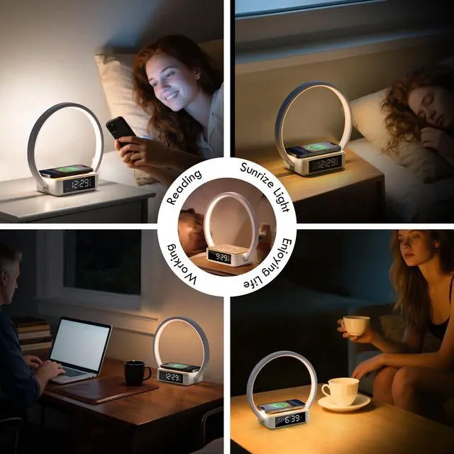Alt view image 5 of 7 - Bedside Lamp with Alarm Clock,Touch Lamp with Wireless Charger,Nightlight for Bedroom,Sunrise Wake-up Light,3-Grade Dimmable,Birthday Gifts for Her,Women,Men,Mom,Daughter,Girlfriend(Wood Grain)