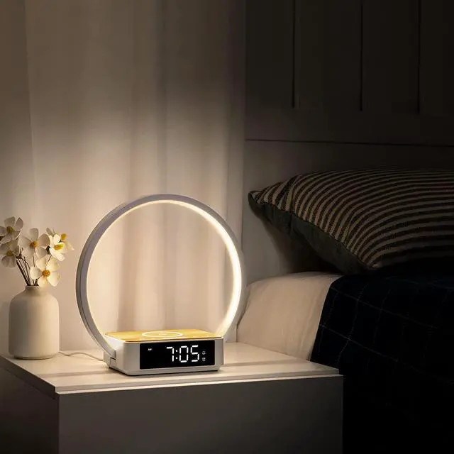 Alt view image 6 of 7 - Bedside Lamp with Alarm Clock,Touch Lamp with Wireless Charger,Nightlight for Bedroom,Sunrise Wake-up Light,3-Grade Dimmable,Birthday Gifts for Her,Women,Men,Mom,Daughter,Girlfriend(Wood Grain)