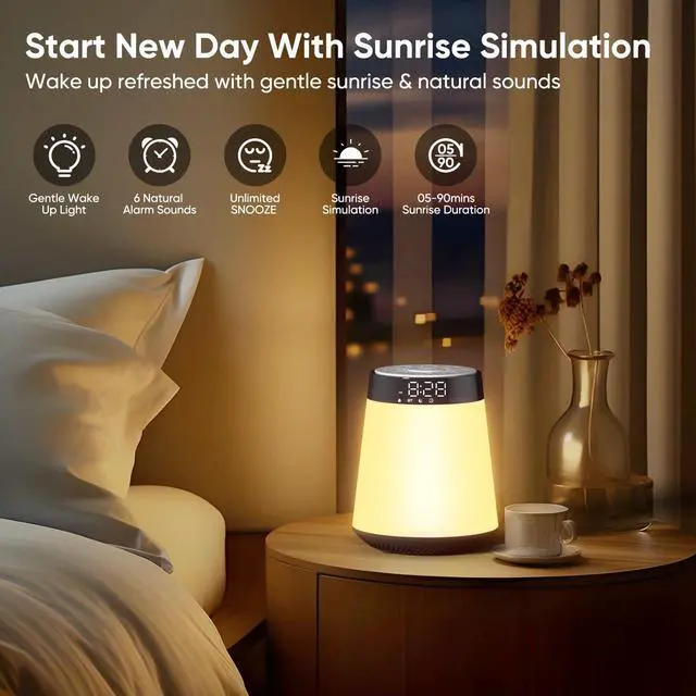 Alt view image 2 of 7 - Sunrise Alarm Clock with Wake Up Light & White Noise Machine - 21 Soothing Sounds, 12 Color Dimmable Night Lights, Bluetooth Speaker, Digital Clock for Heavy Sleepers Adults/Kids