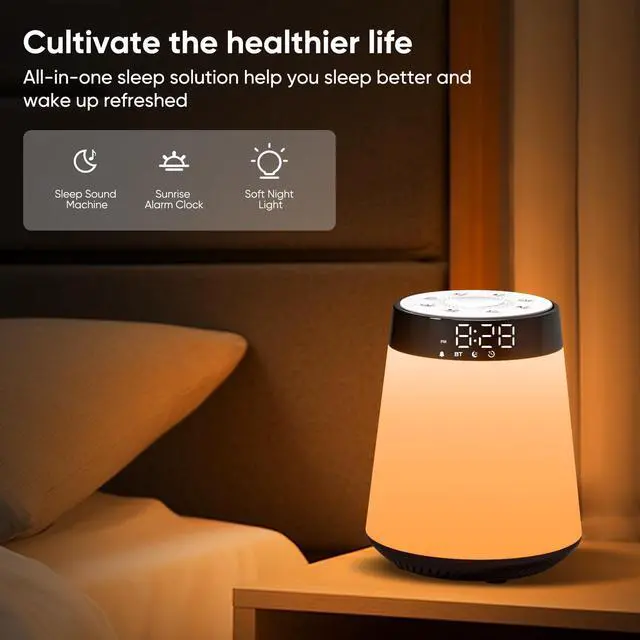 Alt view image 4 of 7 - Sunrise Alarm Clock with Wake Up Light & White Noise Machine - 21 Soothing Sounds, 12 Color Dimmable Night Lights, Bluetooth Speaker, Digital Clock for Heavy Sleepers Adults/Kids
