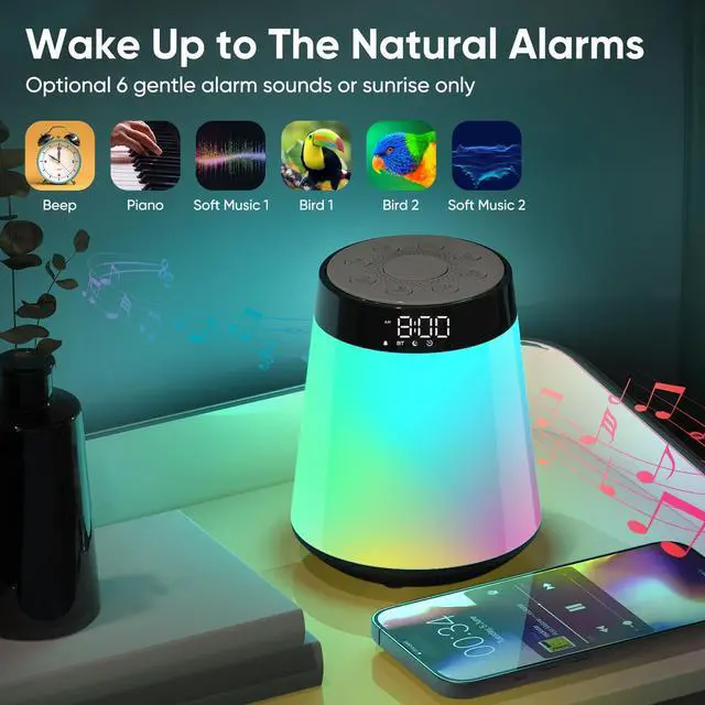 Alt view image 7 of 7 - Sunrise Alarm Clock with Wake Up Light & White Noise Machine - 21 Soothing Sounds, 12 Color Dimmable Night Lights, Bluetooth Speaker, Digital Clock for Heavy Sleepers Adults/Kids
