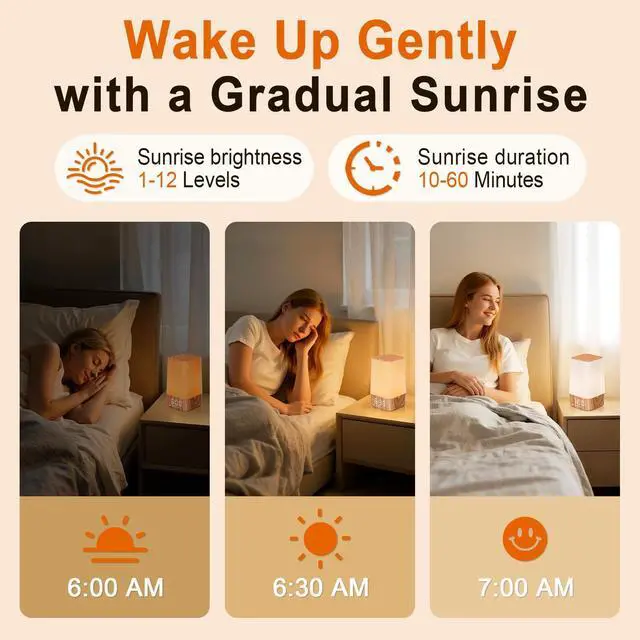 Alt view image 3 of 7 - Sunrise Alarm Clock with Noise Machine: Digital Alarm Clock for Bedrooms, Nature Sounds for Gentle Wake Up, 30 Sleep Sounds, Adjustable Brightness & Volume, Timer - Wood Grain