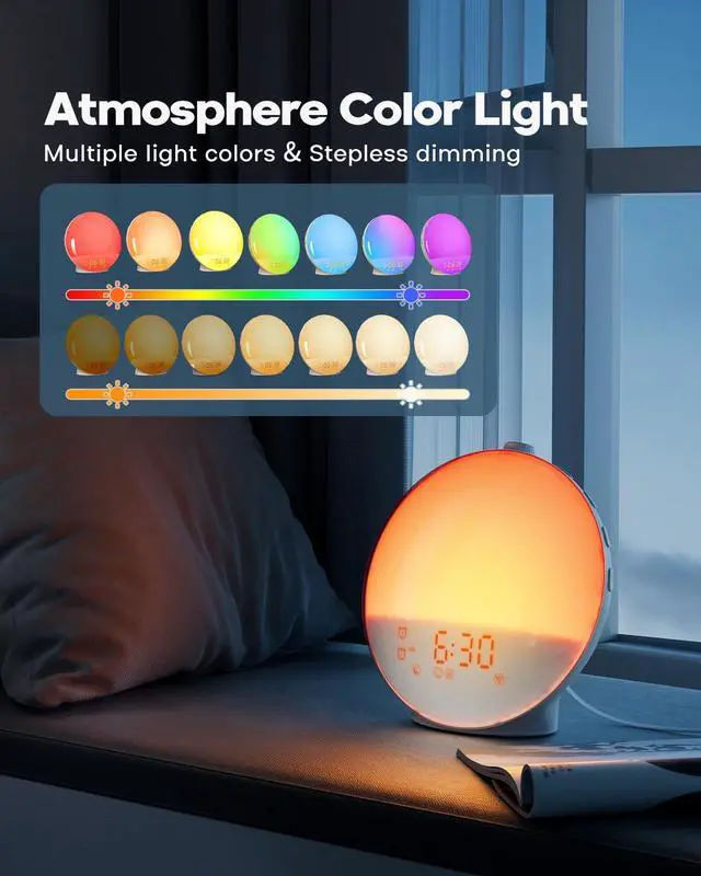 Alt view image 4 of 7 - Sunrise Alarm Clock for Heavy Sleepers, Wake Up Light with Sunrise/Sunset Simulation, Dual Alarms & Natural Sounds, Snooze & Sleep Aid, FM Radio, 7 Colors Night Light for Bedroom, Ideal for Gift