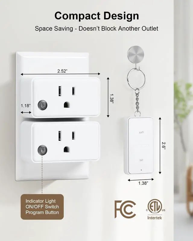 Alt view image 5 of 7 - Remote Control Outlet, 200FT Long Range Wireless Light Switch, Mini Electrical Outlet Plug, 15A/1875W High-Power for Lamps, Christmas Lights, Household Appliances, FCC & ETL Listed