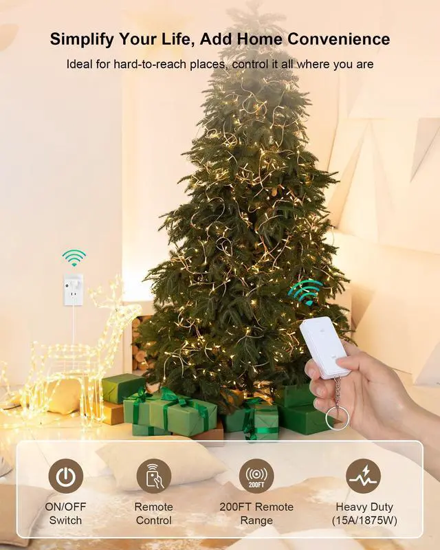 Alt view image 2 of 7 - Remote Control Outlet, 200FT Long Range Wireless Light Switch, Mini Electrical Outlet Plug, 15A/1875W High-Power for Lamps, Christmas Lights, Household Appliances, FCC & ETL Listed
