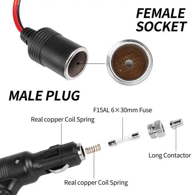 Alt view image 2 of 7 - 12V 24V Car Cigarette Lighter Plug to Socket Power Cable with On Off Switch,Car Cigarette Lighter Male to Female Outlet Extension Cord with 15A Fuse(2M/6.6FT)