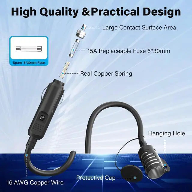 Alt view image 2 of 6 - 12V/24V Car Cigarette Lighter Extension Cord 15 FT,16AWG Heavy Duty Extension Wire with 15A Spare Fuse,Auto DC Power Plug Connector for Car Inverter/Air Pump/car Refrigerator,Male to Female Socket