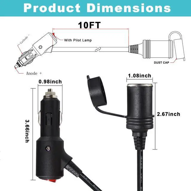 Alt view image 2 of 7 - 10FT 12volt DC Cigarette Lighter Extension Cord with On Off Switch - Black Car Power Charge Extension Cable with 15A Fuse, Cigar Lighter Male Plug to Female Socket Extender with Cap for Air Compressor