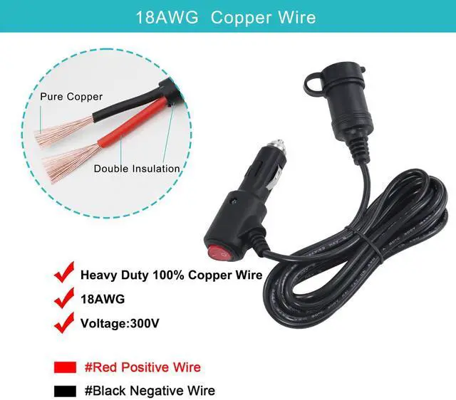 Alt view image 3 of 7 - 10FT 12volt DC Cigarette Lighter Extension Cord with On Off Switch - Black Car Power Charge Extension Cable with 15A Fuse, Cigar Lighter Male Plug to Female Socket Extender with Cap for Air Compressor