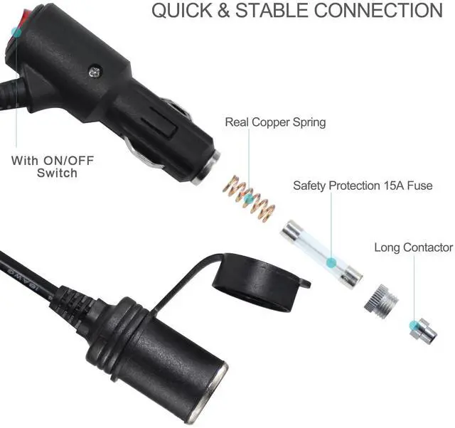 Alt view image 4 of 7 - 10FT 12volt DC Cigarette Lighter Extension Cord with On Off Switch - Black Car Power Charge Extension Cable with 15A Fuse, Cigar Lighter Male Plug to Female Socket Extender with Cap for Air Compressor
