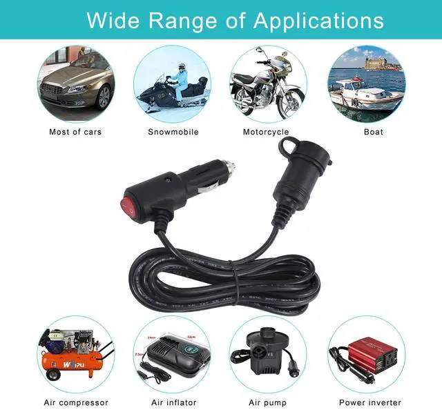 Alt view image 7 of 7 - 10FT 12volt DC Cigarette Lighter Extension Cord with On Off Switch - Black Car Power Charge Extension Cable with 15A Fuse, Cigar Lighter Male Plug to Female Socket Extender with Cap for Air Compressor