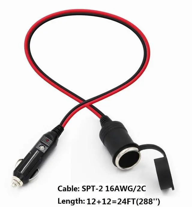 Alt view image 2 of 7 - 12V Cigarette Lighter Extension Cord 12FT -Car Charger Cigar Lighter Male Plug to Female Socket 16AWG Heavy Duty Extension Cable with LED Lights Extender for Air Compressor Pump and Tire Inflator 15A
