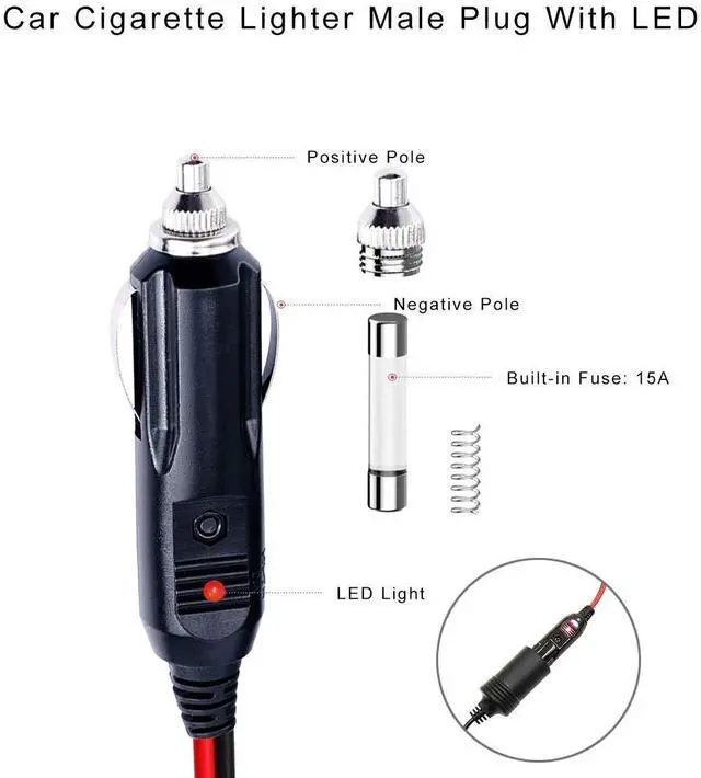 Alt view image 3 of 7 - 12V Cigarette Lighter Extension Cord 12FT -Car Charger Cigar Lighter Male Plug to Female Socket 16AWG Heavy Duty Extension Cable with LED Lights Extender for Air Compressor Pump and Tire Inflator 15A