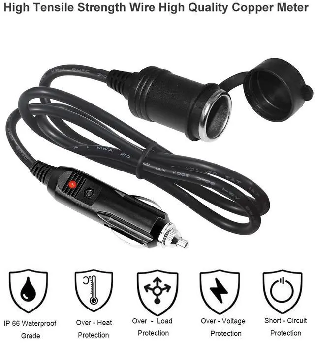 Alt view image 6 of 7 - 12V Cigarette Lighter Extension Cord 3FT -Car Charger Cigar Lighter Male Plug to Female Socket 18AWG Heavy Duty Extension Cable with LED Lights Extender for Air Compressor Pump and Tire Inflator 15A