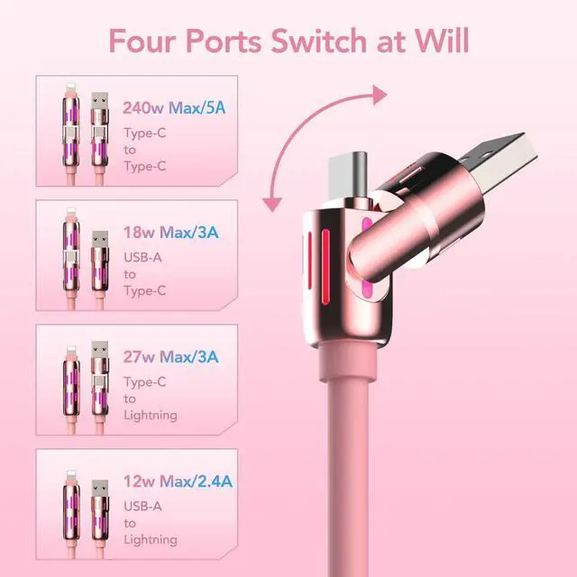 Alt view image 2 of 7 - 4-in-1 Universal USB Charging Cable with Carrying Case 240W Max Fast Charger Cord, USB-A, Dual USB-C & Lighting, for iPhone 14/15/16/17 Series, iPad & MacBook and More (Pink, 6.6Ft)
