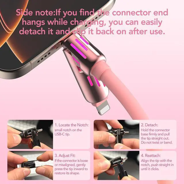 Alt view image 3 of 7 - 4-in-1 Universal USB Charging Cable with Carrying Case 240W Max Fast Charger Cord, USB-A, Dual USB-C & Lighting, for iPhone 14/15/16/17 Series, iPad & MacBook and More (Pink, 6.6Ft)