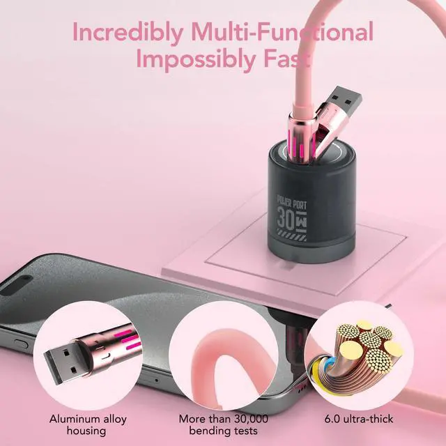 Alt view image 4 of 7 - 4-in-1 Universal USB Charging Cable with Carrying Case 240W Max Fast Charger Cord, USB-A, Dual USB-C & Lighting, for iPhone 14/15/16/17 Series, iPad & MacBook and More (Pink, 6.6Ft)