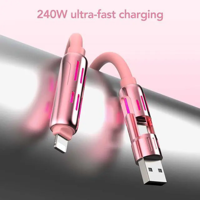 Alt view image 5 of 7 - 4-in-1 Universal USB Charging Cable with Carrying Case 240W Max Fast Charger Cord, USB-A, Dual USB-C & Lighting, for iPhone 14/15/16/17 Series, iPad & MacBook and More (Pink, 6.6Ft)