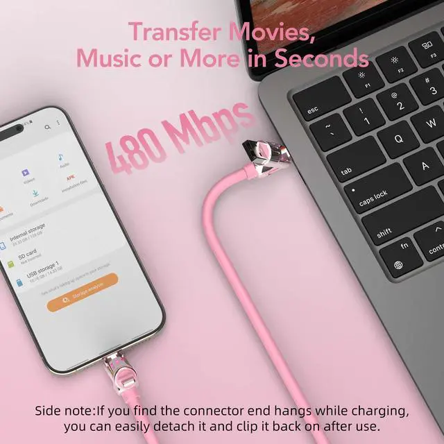 Alt view image 6 of 7 - 4-in-1 Universal USB Charging Cable with Carrying Case 240W Max Fast Charger Cord, USB-A, Dual USB-C & Lighting, for iPhone 14/15/16/17 Series, iPad & MacBook and More (Pink, 6.6Ft)