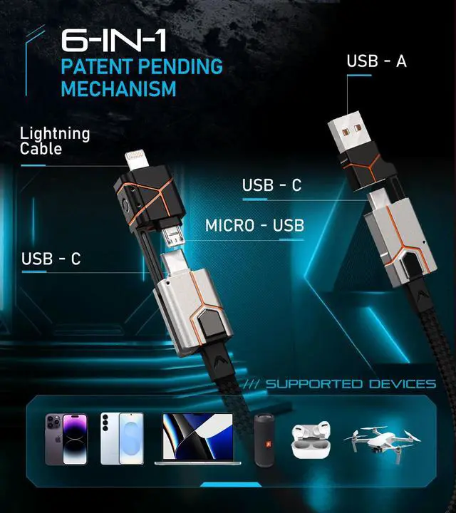 Alt view image 2 of 7 - X Go 6 in 1 Keychain Universal Cable 240W 5Gbps USB3.0 USB-C, Lightning, Micro-USB, USB-A Fastest Keychain Cable Zinc Alloy Ultra Durable (Mecha White)