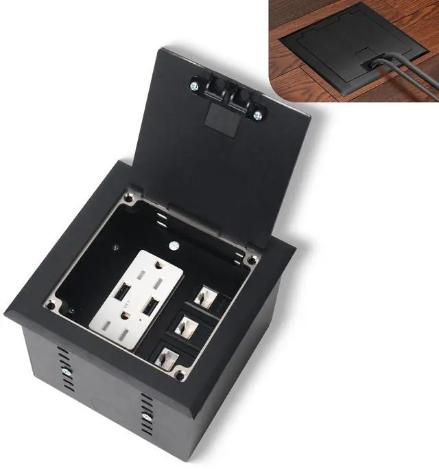 Main image of Recessed Flat Hidden Socket Kit with 2 * 15A Receptacle4.8A*2 USB-A Ports +3-Port RJ45 Datacom Receptacle. Internal Height AdjustableCorrosive Resistant Hardware,Black