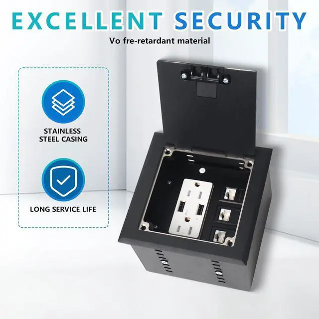 Alt view image 4 of 7 - Recessed Flat Hidden Socket Kit with 2 * 15A Receptacle4.8A*2 USB-A Ports +3-Port RJ45 Datacom Receptacle. Internal Height AdjustableCorrosive Resistant Hardware,Black