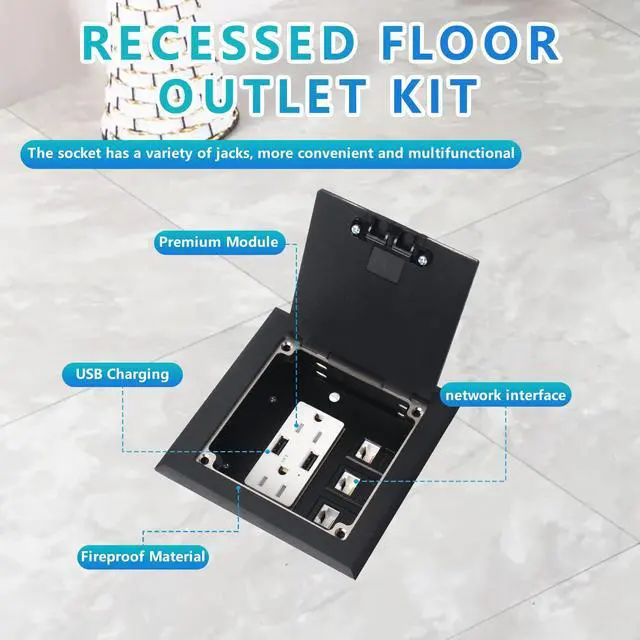 Alt view image 3 of 7 - Recessed Flat Hidden Socket Kit with 2 * 15A Receptacle4.8A*2 USB-A Ports +3-Port RJ45 Datacom Receptacle. Internal Height AdjustableCorrosive Resistant Hardware,Black