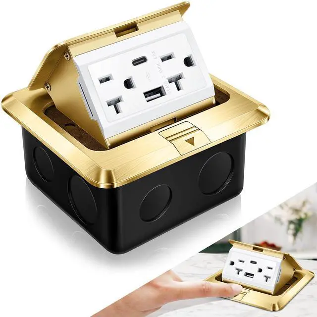 Main image of Pop up Floor Outlet Floor Kit Waterproof Electrical Outlet Cover Box with 4.8A USB A & Type C Charge and 20 Amp Tamper Resistant Plug Receptacle Box for Countertop Office Home (Gold)