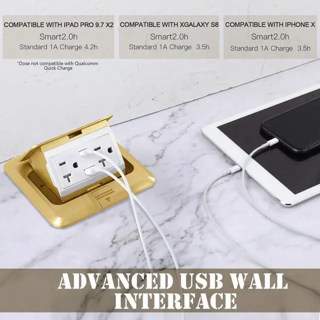 Alt view image 4 of 7 - Pop up Floor Outlet Floor Kit Waterproof Electrical Outlet Cover Box with 4.8A USB A & Type C Charge and 20 Amp Tamper Resistant Plug Receptacle Box for Countertop Office Home (Gold)