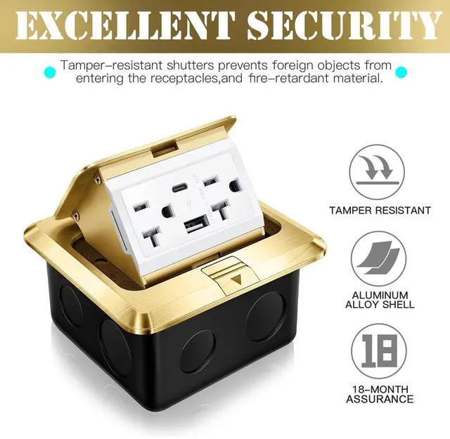 Alt view image 5 of 7 - Pop up Floor Outlet Floor Kit Waterproof Electrical Outlet Cover Box with 4.8A USB A & Type C Charge and 20 Amp Tamper Resistant Plug Receptacle Box for Countertop Office Home (Gold)
