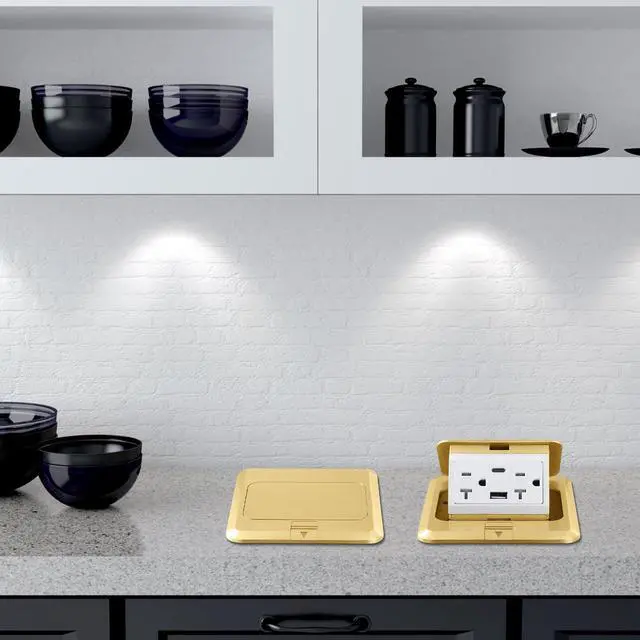 Alt view image 7 of 7 - Pop up Floor Outlet Floor Kit Waterproof Electrical Outlet Cover Box with 4.8A USB A & Type C Charge and 20 Amp Tamper Resistant Plug Receptacle Box for Countertop Office Home (Gold)