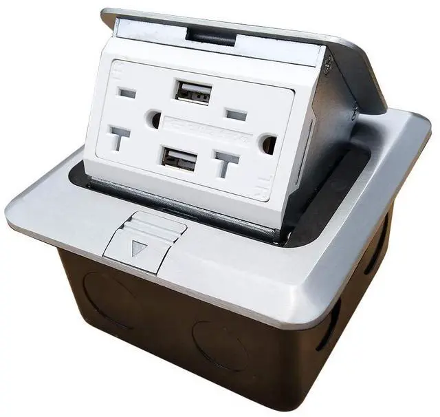 Main image of Pop Up Floor Electrical Outlet Kitchen Countertop Waterproof Sockets Pop Out Receptacle Stainless Steel Box Silver Cover with USB Chargers