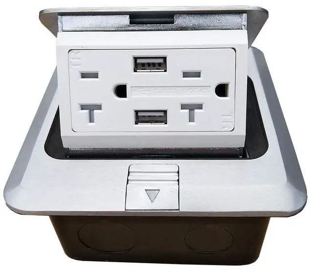 Alt view image 6 of 7 - Pop Up Floor Electrical Outlet Kitchen Countertop Waterproof Sockets Pop Out Receptacle Stainless Steel Box Silver Cover with USB Chargers